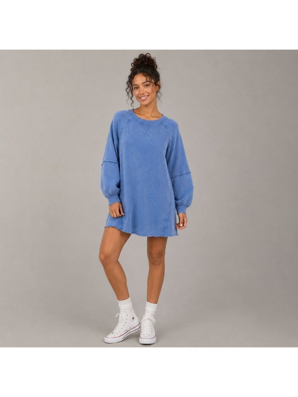 American Eagle Fleece Babydoll Mini Sweatshirt Dress Women's Sz M Blue or Tunic